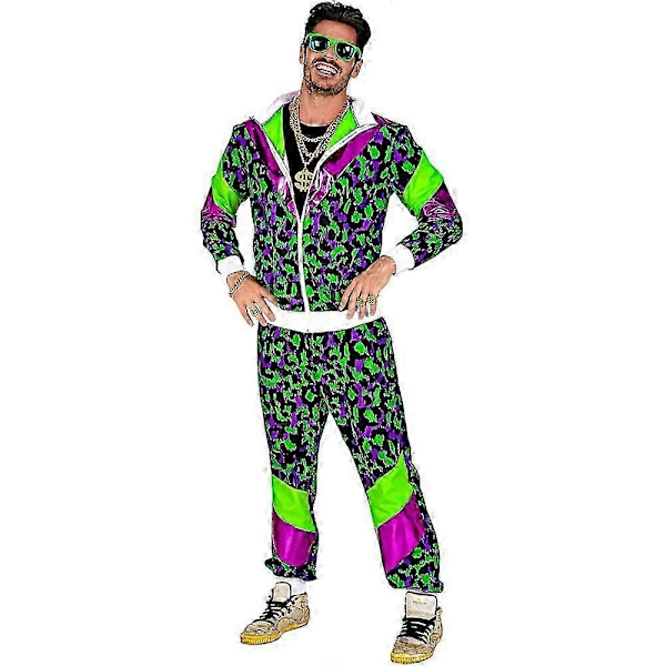 Mænd Kvinder 80'er 90'er Hip Hop Windbreaker Disco Jakke Bukser Retro Træningssæt-Xin Green Leopard Print 2XL