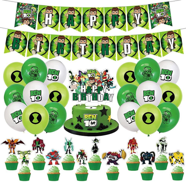 Ben 10 Theme Kids Happy Birthday Party Supplies Banner Balloons Kit Cake Cupcake Toppers Decor Set-Xin