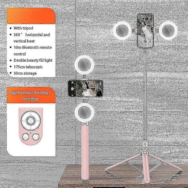 R17ds 1,75m Portabel Bluetooth Selfie Stick Utdragbart Stativ Telefonhållare med Dubbla Fyllnadsljus 360-graders Roterande Fotografering Livestreaming -Xin Pink