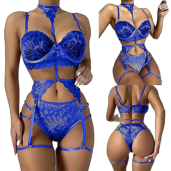 Kvinnors Sexig Lingerie Suspender Spets Strumpeband Set-Xin Blue S