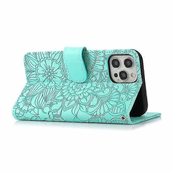 Kompatibel med Iphone 12 Skin Feel Præget Solsikke Horisontal Flip Læderetui med Holder & Kortpladser & Pung & Lanyard-xindaren Green