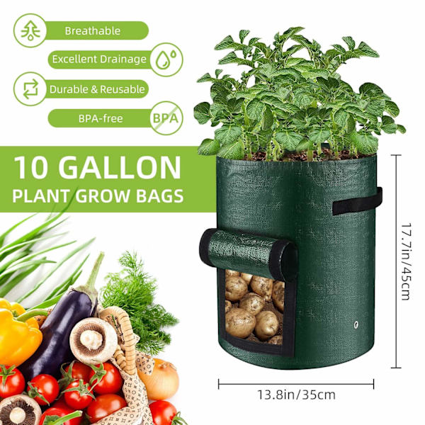 6 stk. Kartoffeldyrkningsposer, Dyrkningsposer Haveplanterposer med Klapvindue og Håndtag, Grøntsagsdyrkningsposer til Kartoffel, Løg, Tomat, Gulerod-Xin 10 Gallon