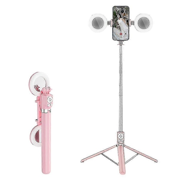 R17ds 1,75 m kannettava Bluetooth selfiekeppi sisäänvedettävä kolmijalka puhelinjalusta kaksoistäyttövaloilla 360 astetta pyörivä valokuvaus suoratoisto -Xin Pink