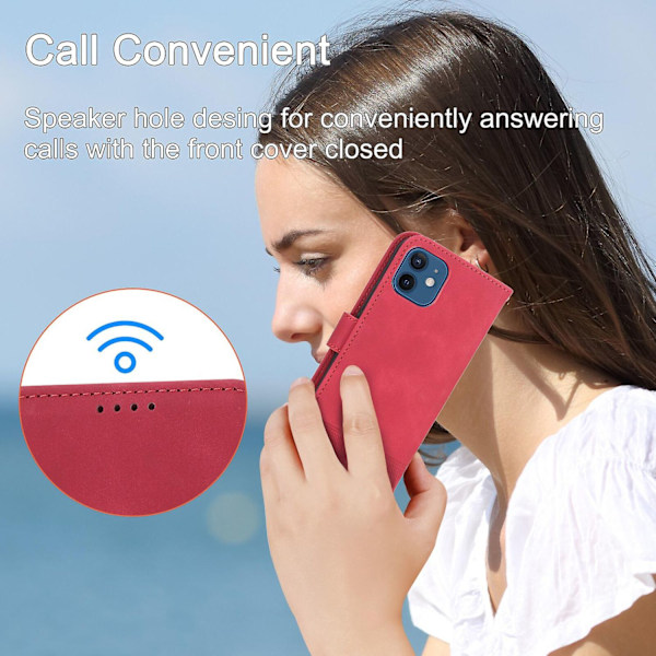 iPhone 12 Fodral, Läderplånboksfodral (med axelrem) - Xin Red