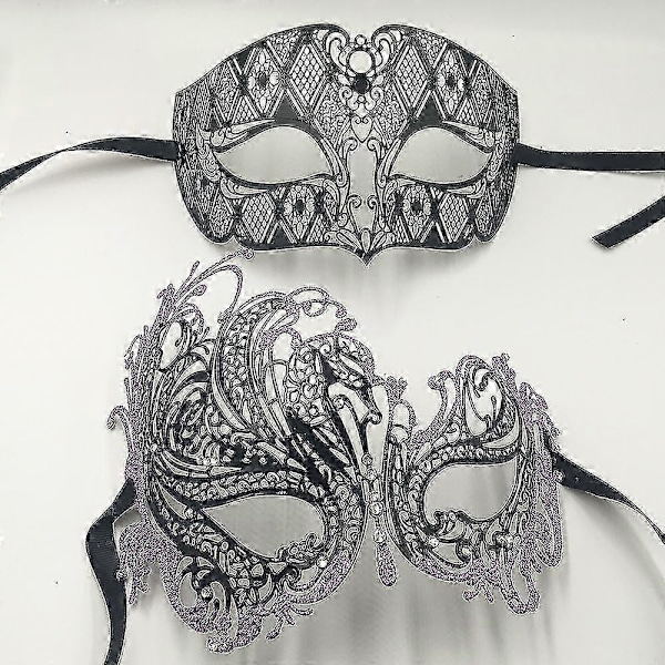 Svart Silver Guld Metall Filigran Laser Skuren Par Venetian Mask Bröllop Boll Mask Halloween Maskerad Kostym Mask Set - Xin Black Clear Diamond