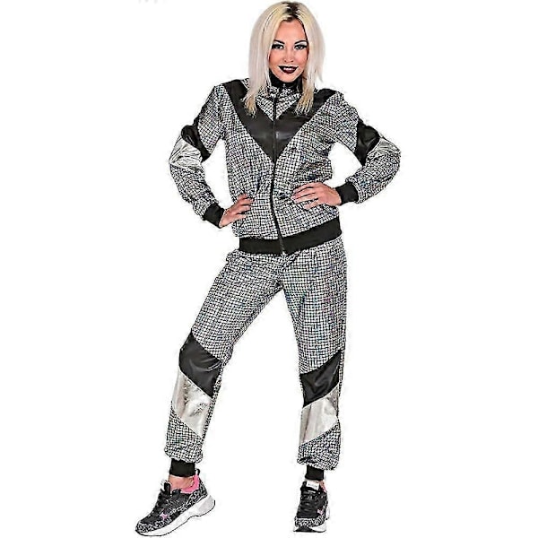 Mænd Kvinder 80'er 90'er Hip Hop Windbreaker Disco Jakke Bukser Retro Træningssæt-Xin Silvery White XL