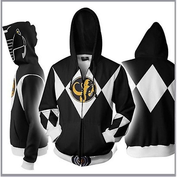 Power Rangers Sweatshirt med Blixtlås, 3D-tryckt Huvtröja, Cosplay-Kostym, Unisex-Xin Black 2XL