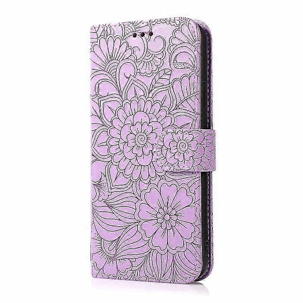 Kompatibel med Iphone 12 Skin Feel Præget Solsikke Horisontal Flip Læderetui med Holder & Kortpladser & Pung & Lanyard-xindaren Purple