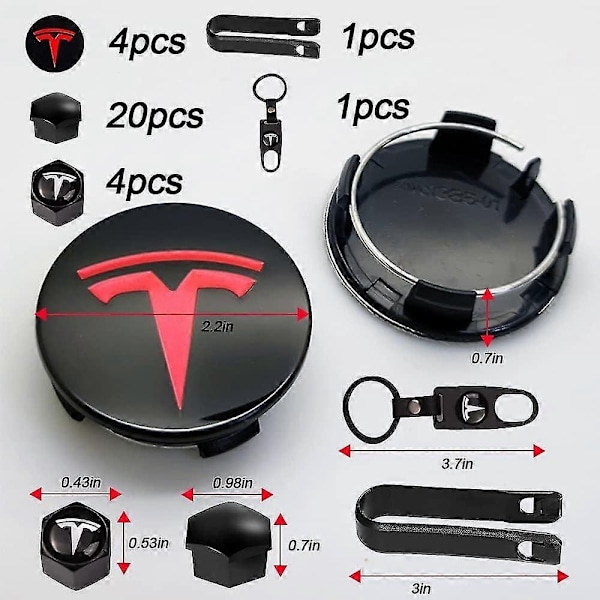 Aero Hjulkoppsett, hjulmutterdeksler Model 3 Hjulkoppsett med Tesla Logo Nav Senterdeksel Mutterdeksler for Tesla Model 3 Model Y (svart)-Xin Red 30Pcs