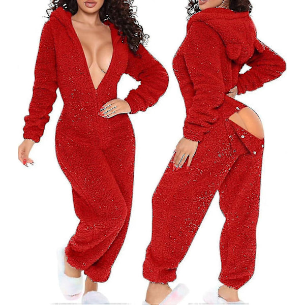 Sexiga Vuxna En-Delade Pyjamas Dam Hip Flap Ull Huvad En-Delade Pyjamas Dam Fluffiga Pyjamas-Xin Red Small