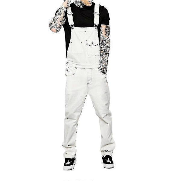 Herr Slim Fit Denim Jumpsuit Bib Romper Casual Overalls Hängselbyxor-Xin White M