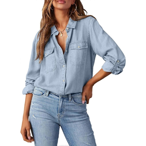 Dame Skjorte med Knapper i Denim, Casual Langermet V-Hals Chambray Bluse Topp - Xin Beau Blue Small