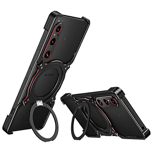 Sony Xperia 1 V jalustakotelo metallipuskurilla ja magneettisella puhelinkuoressa - Musta Punainen-Xin Black Red