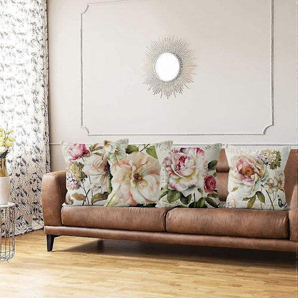 Set med 4 Retro Ros Blomma Beige Soffkuddar Tvättbar Polyester Linne Textil Dekorativ-xindaren