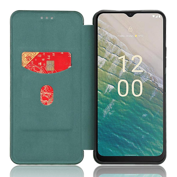 Nokia C32 PU-nahkainen hiilikuitukuvioinen suojakotelo korttipidikkeellä ja jalustalla - Xin Green