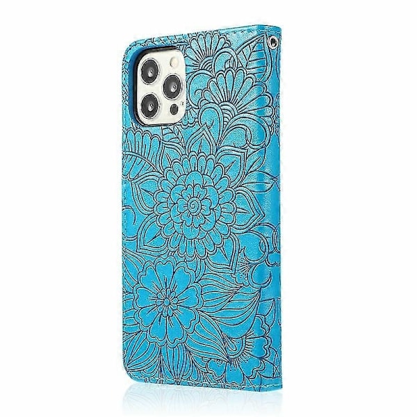Kompatibel med Iphone 12 Skin Feel Präglad Solros Horisontell Flip Läderfodral med Hållare & Kortfack & Plånbok & Snodd-xindaren Blue