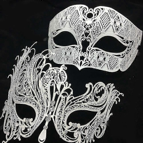Sort Sølv Guld Metal Filigran Laser Skåret Par Venetiansk Festmaske Bryllup Ball Maske Halloween Maskerade Kostume Maske Sæt - Xin Gold