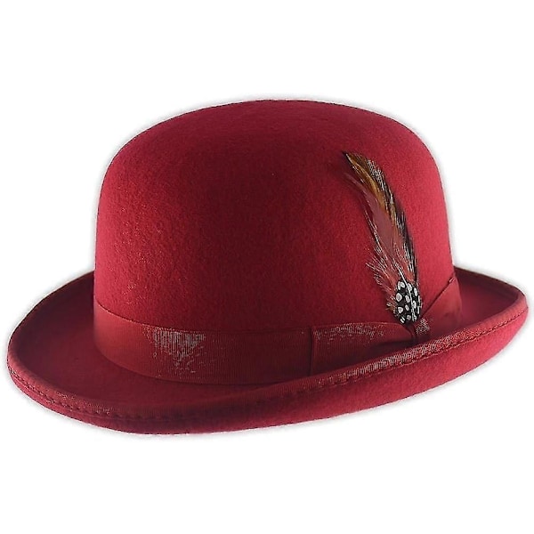 Unisex Hård Hatt i Ull med Fjäder, Satinfodrad, Storlekar S till XL-Xin Wine Red S