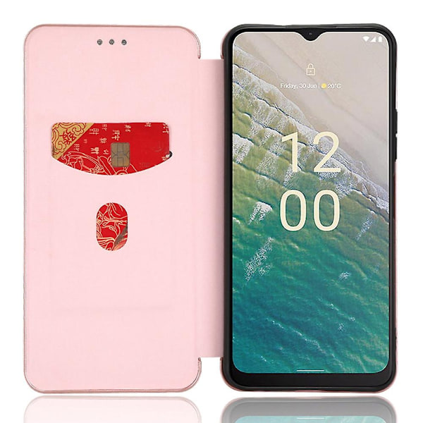 Nokia C32 PU-nahkainen hiilikuitukuvioinen suojakuori korttipidikkeellä ja jalustalla - Xin Rose Gold