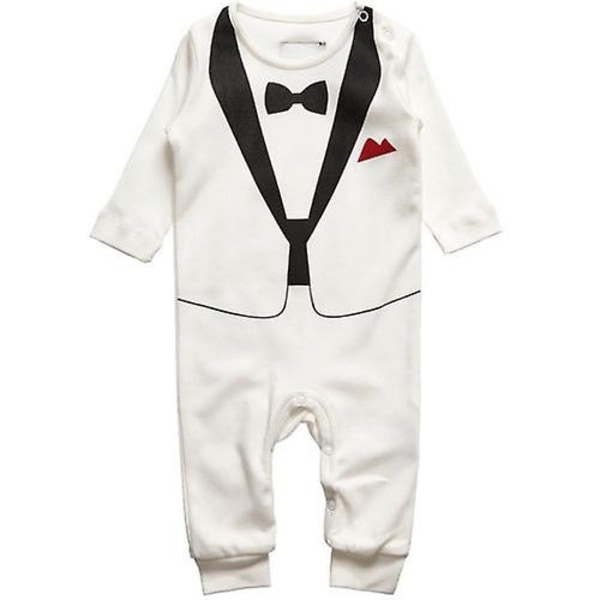 Formell Babypojke Smoking Romper Jumpsuit Kläder för Bröllop - Xin White Suit With Black Bow Tie 18-24 M