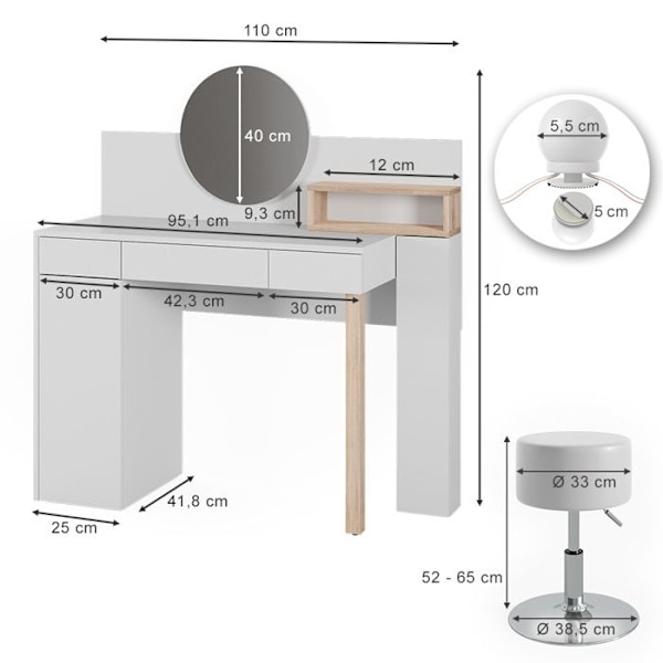 Vicco Olivia sminkbord, Vit, 110 cm med LED-belysning och pall Vit, Sonoma