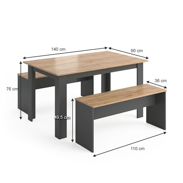 VICCO Sentio bord och bänk set - Bord och fåtöljer set, matsal set, träbord, matbord Antracit, gyllene ek