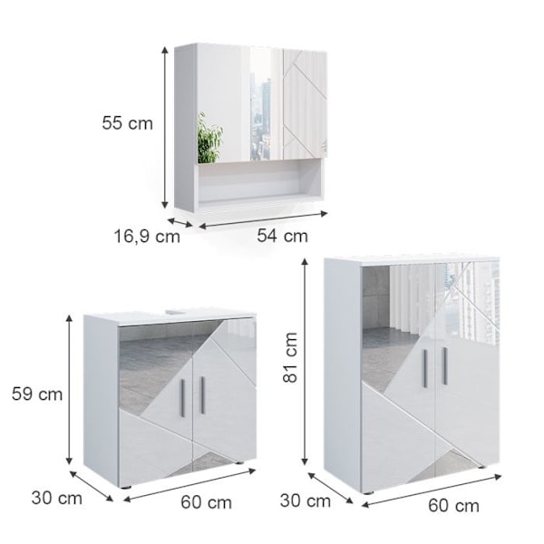 Vicco badeværelsesopbevaringsmøbel Irma, Højglans hvid med indsatser, 3 dele, med lavt skab 60 cm Vit