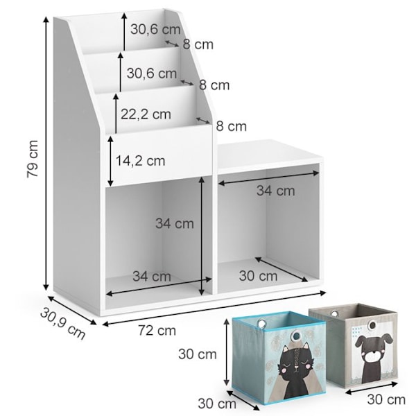 Vicco barnbokhylla Luigi, Vit, 72 x 79 cm Mini, med 2 hopfällbara lådor opt.4 Vit