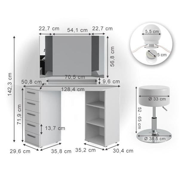 Vicco Sofia sminkbord, Vit, 128 cm med LED-belysning och pall Vit