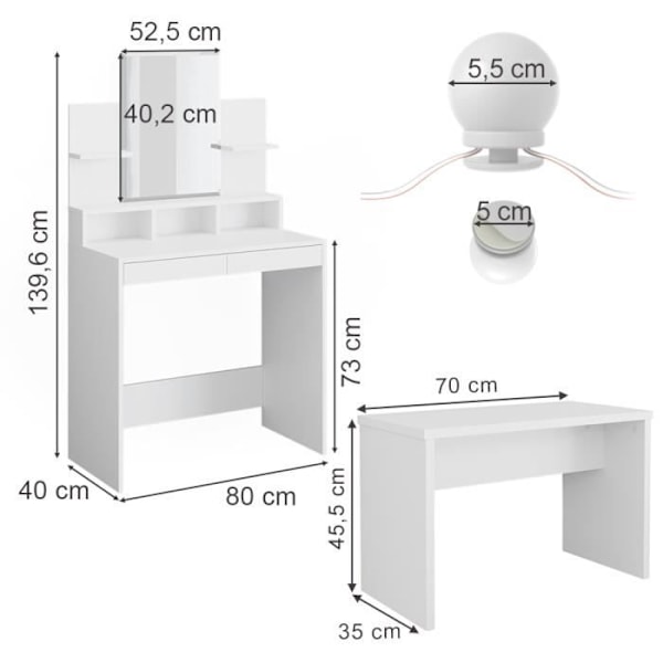 VICCO Ania sminkbord vit + bänk + LED Vit