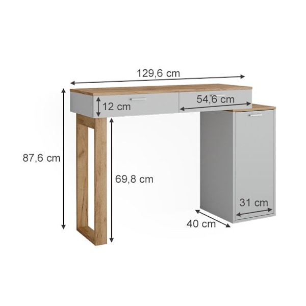 Vicco Regina Sminkbord, Vit, 129,6 cm med två skjutbara lådor, utan spegel Vit, gyllene ek