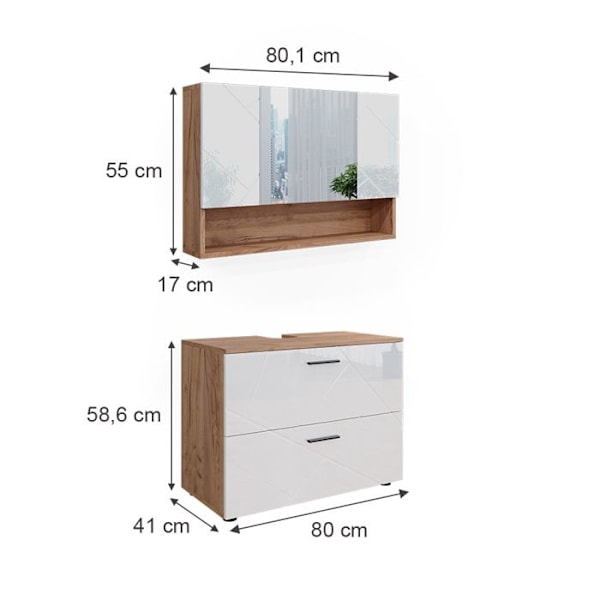 Vicco Irma kylpyhuonesäilytyskaappi, tammi, 2 kpl, matala kaappi 80 cm Ek, Vit Högblank