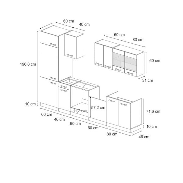 Vicco kök R-Line, betong svart/vit, 300 cm utan bänkskiva betong svart/vit, Vit