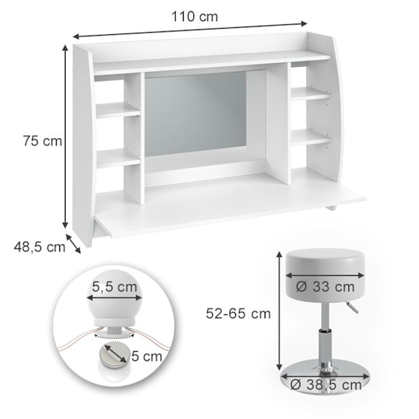 Max sminkbord, 110 cm med LED-belysning och pall, Vit, Vicco