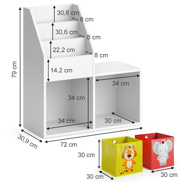 Vicco barnbokhylla Luigi, Vit, 72 x 79 cm Mini, med 2 hopfällbara lådor opt.2 Vit