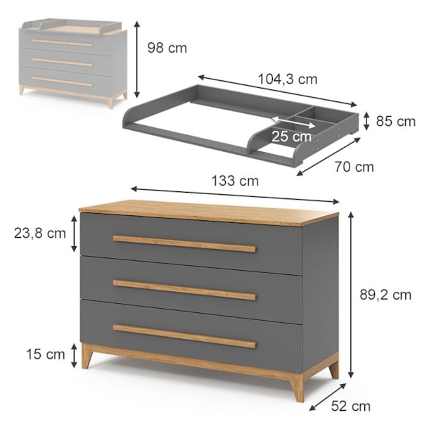 Vitalispa puslebord Malia, Grå, 133 x 98 cm XL med 3 skuffer Grå, Grå