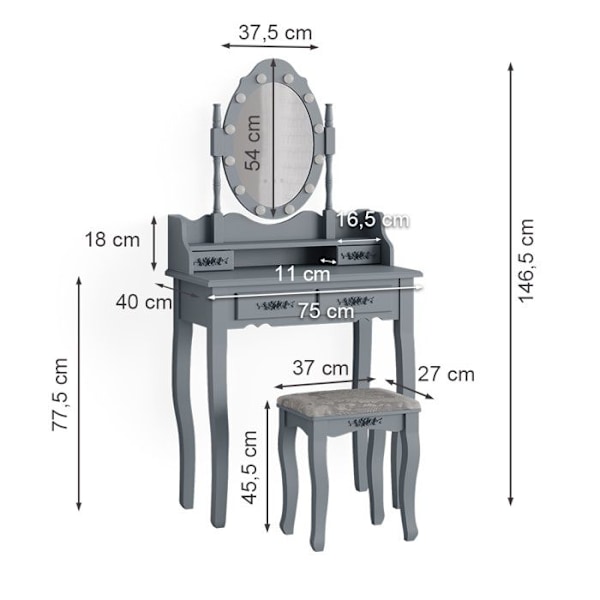 Vicco Maggie sminkbord, Grå, 75 cm med LED-belysning och pall Grå