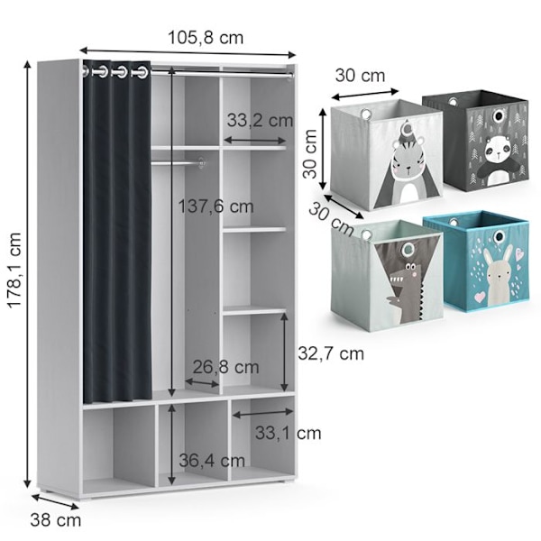 Vicco Luigi barngarderob, ljusgrå, 105,8 x 178,1 cm med hopfällbara lådor (grå) Ljusgrå, Ljusgrå