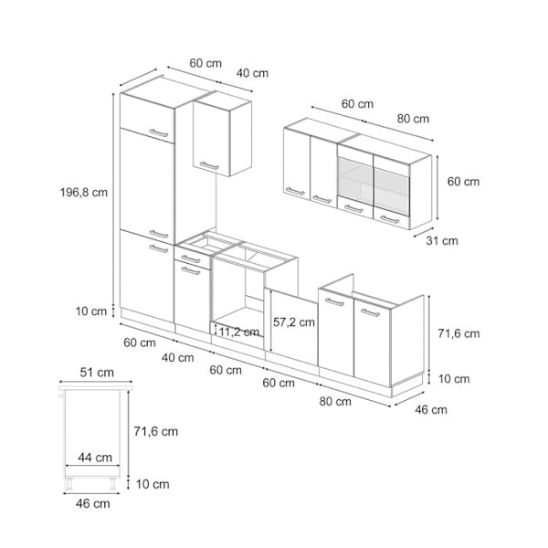 R-Line keittiö, 300 cm, PT antrasiitti, kiiltävä musta/valkoinen, Vicco Blank svart/Vit, Vit