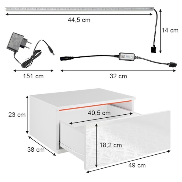 Vicco Samira sängbord, Vit, 49 x 23 cm med LED-belysning Vit, Vit