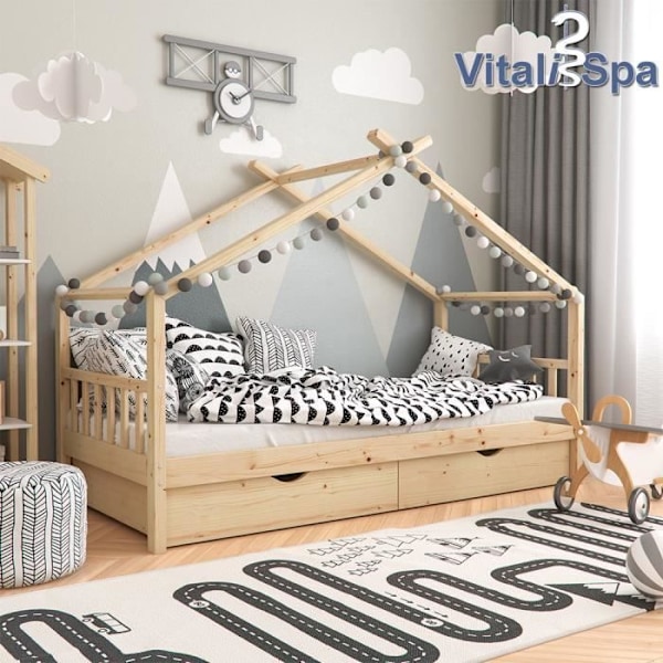 VitaliSpa Lastensänky Vierassänky Mökkisänky Luonnollinen muotoilu 90 x 200 cm Laatikot Sälepohja Naturligt trä