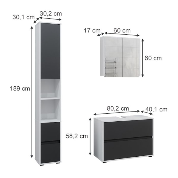 Vicco Maltin badrumsmöbel, vit/antracit, 3 stycken, med högskåp vit/antracit, antracit