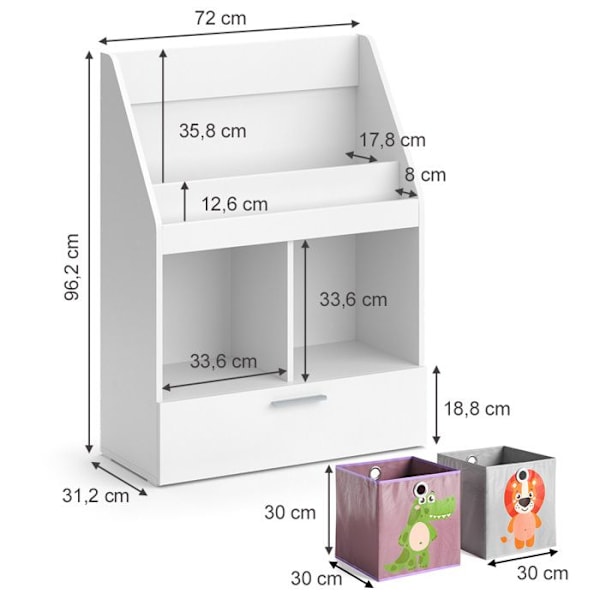 Vicco Luigi lasten kirjahylly, valkoinen, 72 x 96,2 cm laatikolla ja 2 taitettavalla laatikolla opt.4 Vit