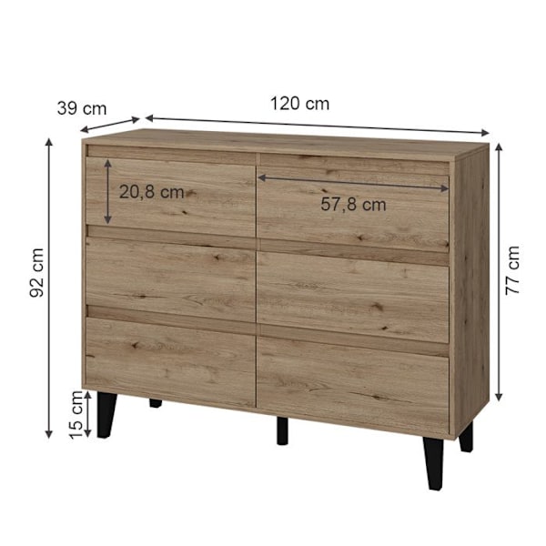 Vicco Sideboard Bahia, Ek, 120 x 92 cm med 6 lådor Brun, brun