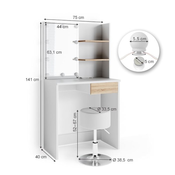 Vicco Dekos sminkbord, Vit/Sonoma, 75 cm med LED-belysning och pall Vit/Sonoma, Sonoma