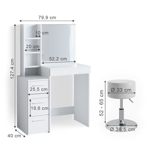 Vicco Meryl sminkbord, Vit, 80 cm med pall Vit