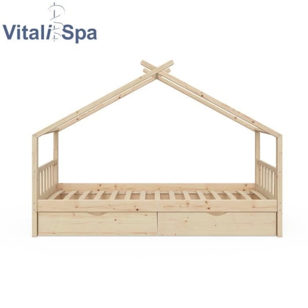 VitaliSpa Lastensänky Vierassänky Mökkisänky Luonnollinen muotoilu 90 x 200 cm Laatikot Sälepohja Naturligt trä