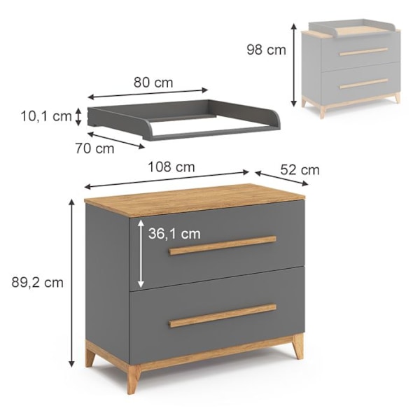 Vitalispa skiftestation Malia, Grå, 108 x 98 cm med 2 skuffer Grå, Grå