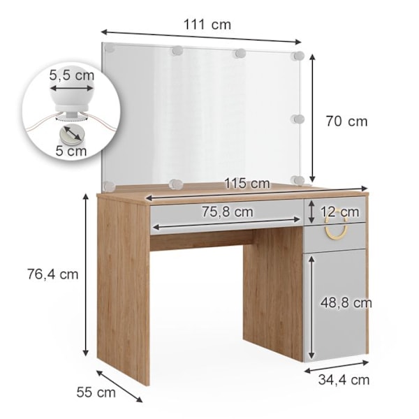 Vicco Adela sminkbord, Vit, 115 cm med LED-belysning Vit