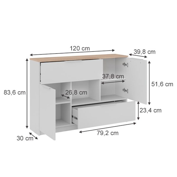 Senkki Betti, 120 x 83,6 cm 2x ovi, 2x laatikko ja 1x avolokero, valkoinen/Sonoma, Vicco